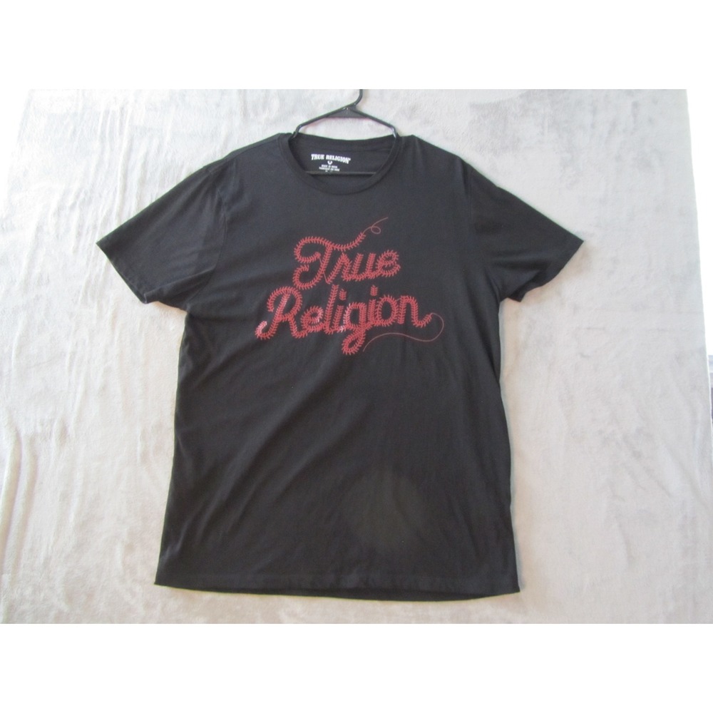 True Religion T-Shirt Mens XL Black Red Baseball Stitch Graphic Logo Tee